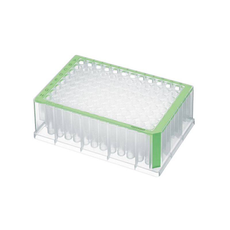 Планшеты глубоколуночные 96 лунок, сертифицированы на отсутствие ДНКаз, РНКаз, ингибиторов ПЦР, стерильные, объем лунки 1,0 мл, цвет рамки зеленый, 20 шт/уп